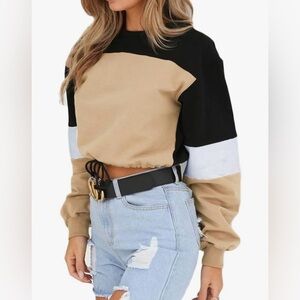 Color Block Lace Up Hem Crop Sweatshirt Casual Long Sleeve Top